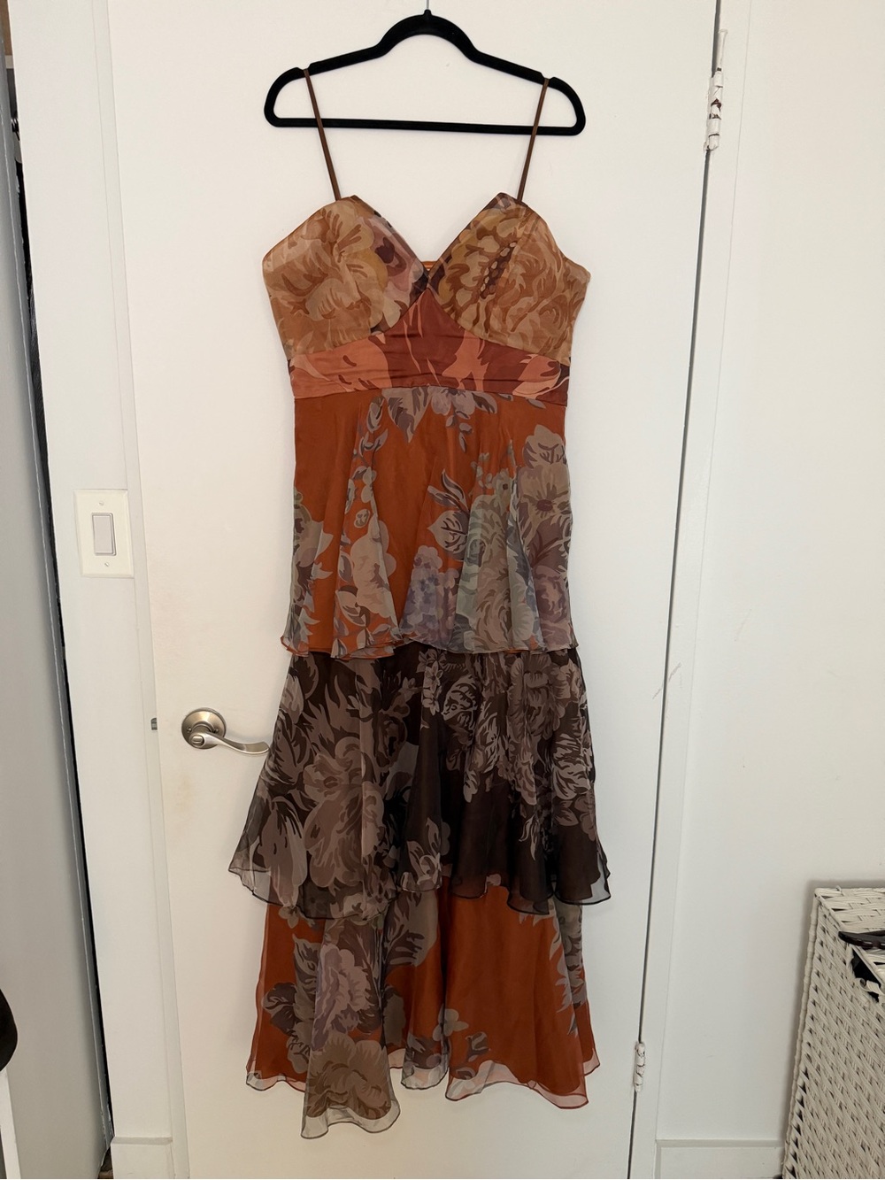 Tiered Strapless Floral Maxi Dress in Rust and Brown - Picture 3 of 11